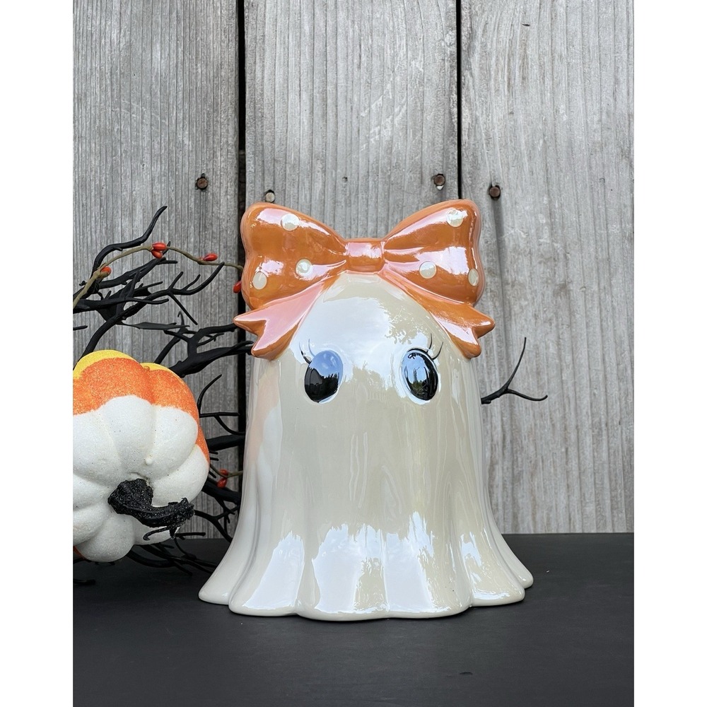 Viral Ghost With Orange & White Polka Dot Bow Halloween Figurine 7.5 X 6" NEW - Picture 6 of 7